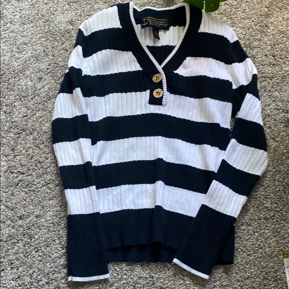 Polo by Ralph Lauren Black and White Striped Ribbed V-Neck Sweater